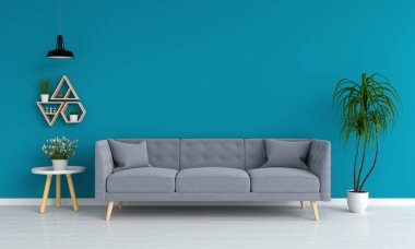 gri kanepe ve rampa, çiçekler, tablo, mavi salon, 3d render raflar