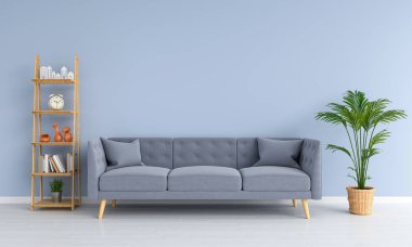 gri kanepe oturma odasında, 3d render 