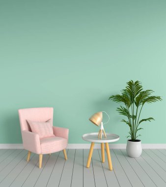 Yeşil salon, 3d render pembe kanepe
