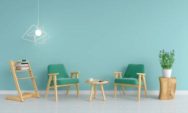 mockup, 3d render için oturma odasında yeşil kanepe