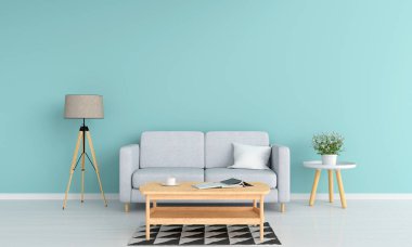 Gri kanepe ve oturma odasında lamba mockup, 3d render için