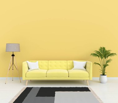 mockup, 3d render için oturma odasında sarı kanepe 