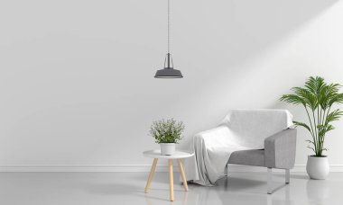 Mockup, 3d render için beyaz oturma odasında gri kanepe