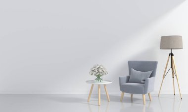 Beyaz Oda ve mockup, 3d render için boş alan gri kanepe