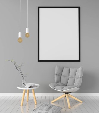 Oturma odası, 3d render mockup için boş fotoğraf çerçevesi