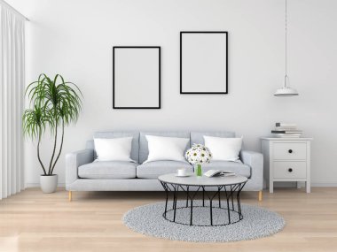 Mockup duvar oturma odasında, 3d render için boş fotoğraf çerçevesi