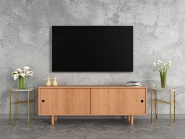 Geniş ekran Tv ve oturma odasında, loft tarzı, 3d render büfe