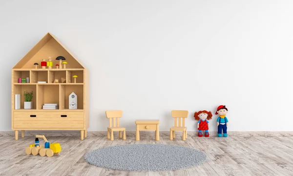 Ξύλινο Τραπέζι Και Καρέκλα Λευκό Παιδί Δωμάτιο Για Κοροϊδεύω Rendering — Φωτογραφία Αρχείου