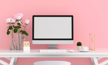 Bilgisayar ekranının mockup masada, Sevgililer kavramı, 3d render için