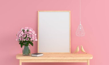 Boş fotoğraf çerçevesi mockup, pembe oda 3d renderin