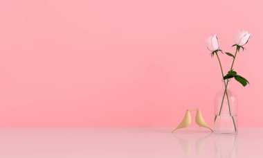 Pembe gül pembe oda mockup, Sevgililer kavramı, 3d render