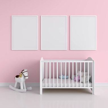 Pembe oda, 3d render mockup için üç boş fotoğraf çerçevesi