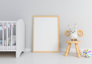 Katta, 3d render mockup ve ahşap sandalye için boş fotoğraf çerçevesi