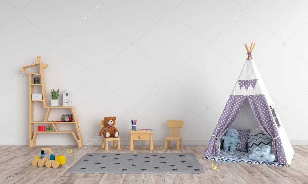 Teepee in children room interior for mockup, 3D rendering
