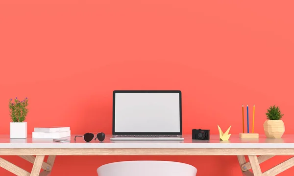 Laptop Display Mockup Table Orange Room Rendering — Stock Photo, Image