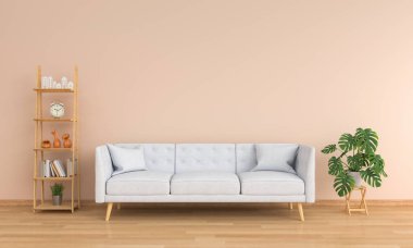 Gri kanepe ve kahverengi oturma odasında, 3d render yeşil bitki