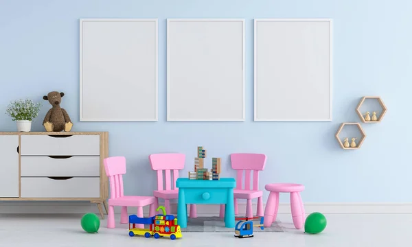 Três Moldura Foto Branco Para Mockup Sala Crianças Renderização — Fotografia de Stock
