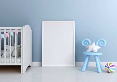 Mockup ve sandalye katta, 3d render için boş fotoğraf çerçevesi