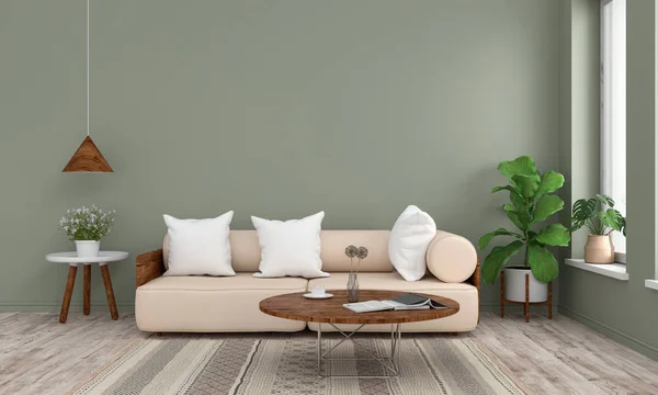 Sofa and wood round table in green living room,3D rendering