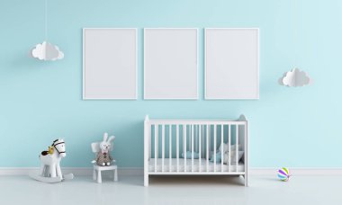 Mockup, 3d render için çocuk odasında üç boş fotoğraf çerçevesi