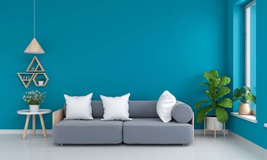 Gri koltuk ve masa mavi salon, 3d render