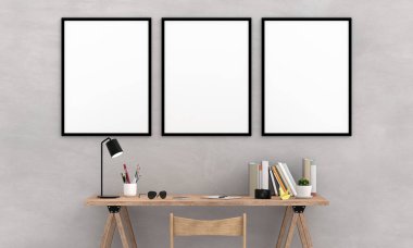 Mockup duvar, 3d render için üç boş fotoğraf çerçevesi