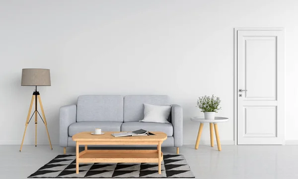 Graues Sofa Und Holztisch Weißen Wohnzimmer Rendering — Stockfoto