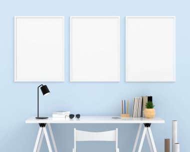 Mockup ışık mavi duvar, 3d render için üç boş fotoğraf çerçevesi
