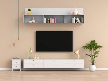 Geniş ekran Tv ve büfe kahverengi oturma odasında, 3d render