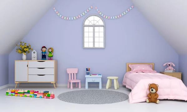 Violet children room interior under the roof for mockup, 3D rendering