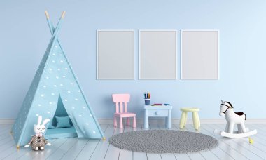 Çocuk Odası, 3d render mockup için üç boş fotoğraf çerçevesi