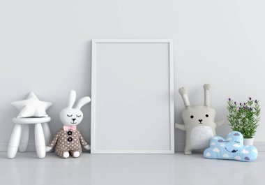 Yerdeki oyuncak bebek ve maket için boş fotoğraf çerçevesi, 3D görüntüleme