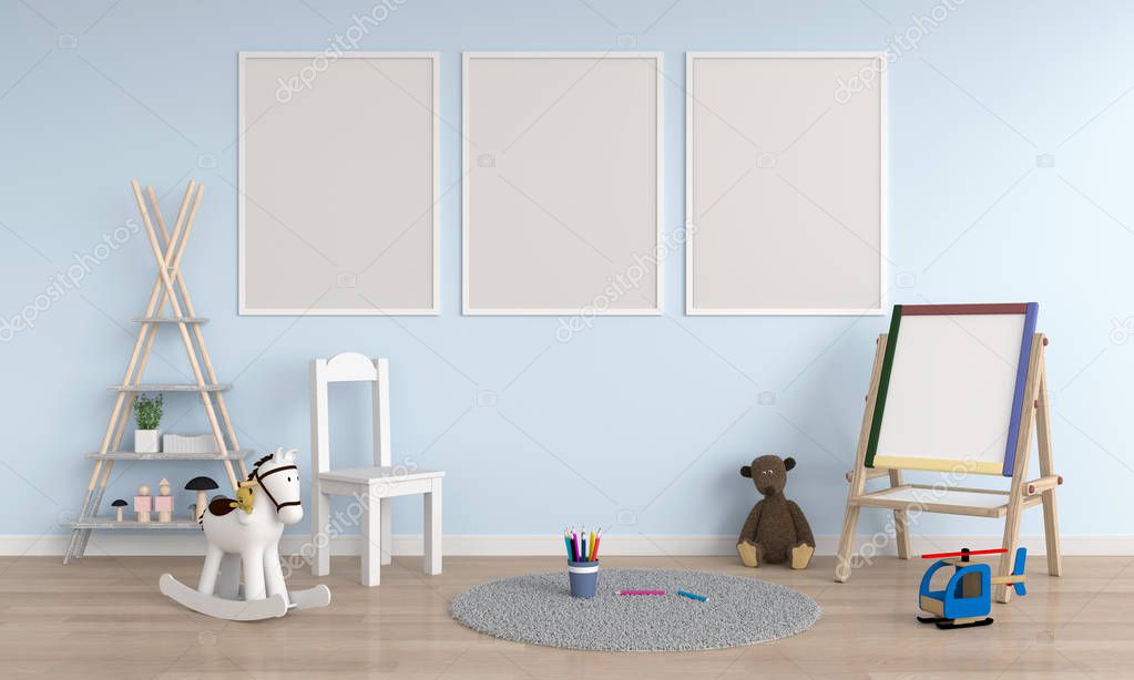 Three empty photo frame for mockup in childern room, 3D rendering