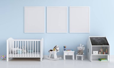 Çocuk Odası, 3d render mockup için üç boş fotoğraf çerçevesi
