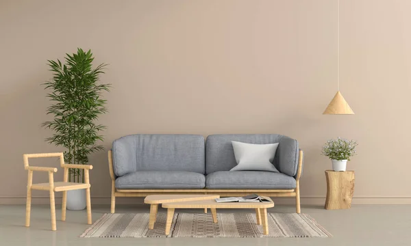 Graues Sofa Und Holzstuhl Braunem Wohnzimmerinterieur Rendering — Stockfoto