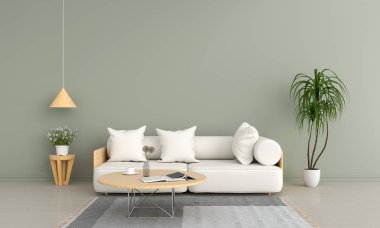 Yeşil oturma odasında kanepe ve ahşap yuvarlak masa, 3D Rendering