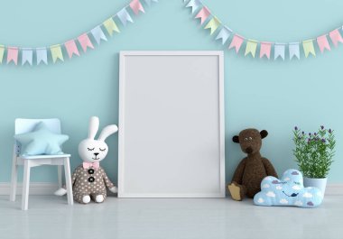 Yerdeki oyuncak bebek ve maket için boş fotoğraf çerçevesi, 3D görüntüleme