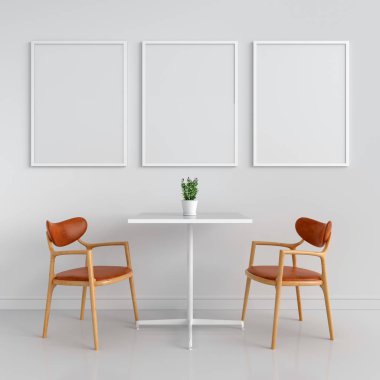 Duvarda mockup için üç boş fotoğraf çerçevesi, 3d render