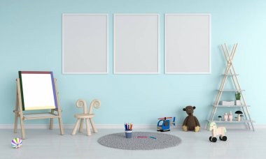 Çocuk Odası, 3d render mockup için üç boş fotoğraf çerçevesi