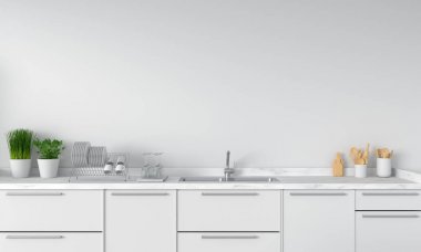 Modern beyaz Mutfak Tezgah lavabo, 3d render ile
