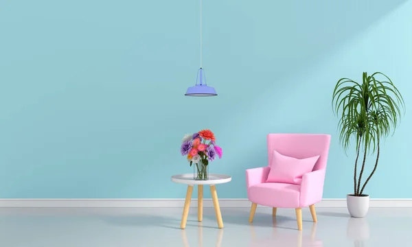 Pink sofa in light blue living room for mockup, 3D rendering