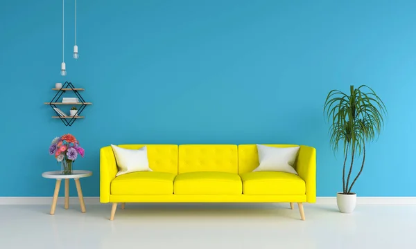 Yellow sofa  in blue living room, 3D rendering
