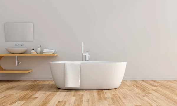 White Bathroom Interior Bathtub White Basin Wooden Shelf Rendering — 스톡 사진