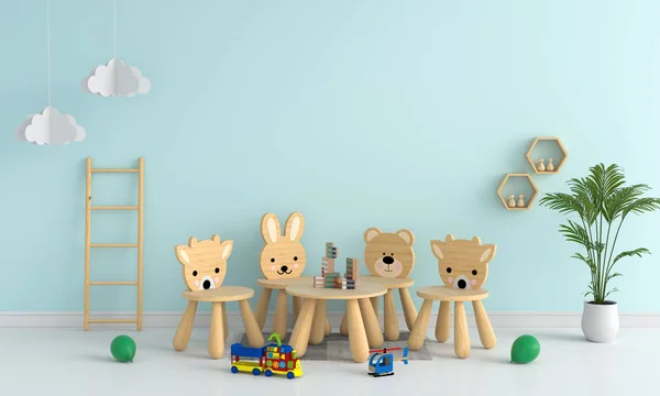 Stůl Židle Světle Modré Dětské Místnosti Pro Mockup Prostorové Vykreslování — Stock fotografie