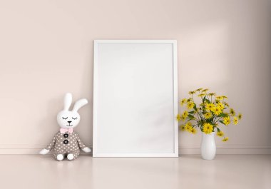Yerdeki oyuncak bebek ve maket için boş fotoğraf çerçevesi, 3D görüntüleme