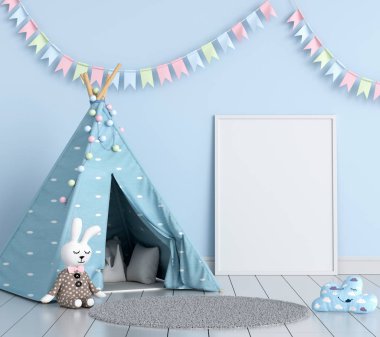 Çocuk odasında mockup için boş fotoğraf çerçevesi, 3d render