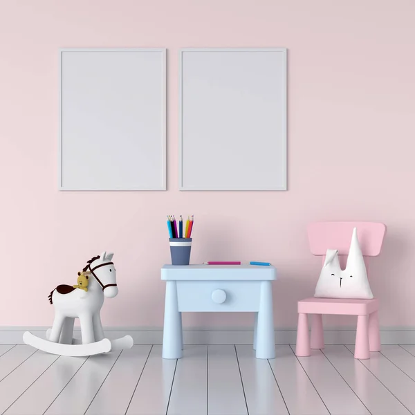 Dois Moldura Foto Branco Para Mockup Sala Criança Rosa Renderização — Fotografia de Stock