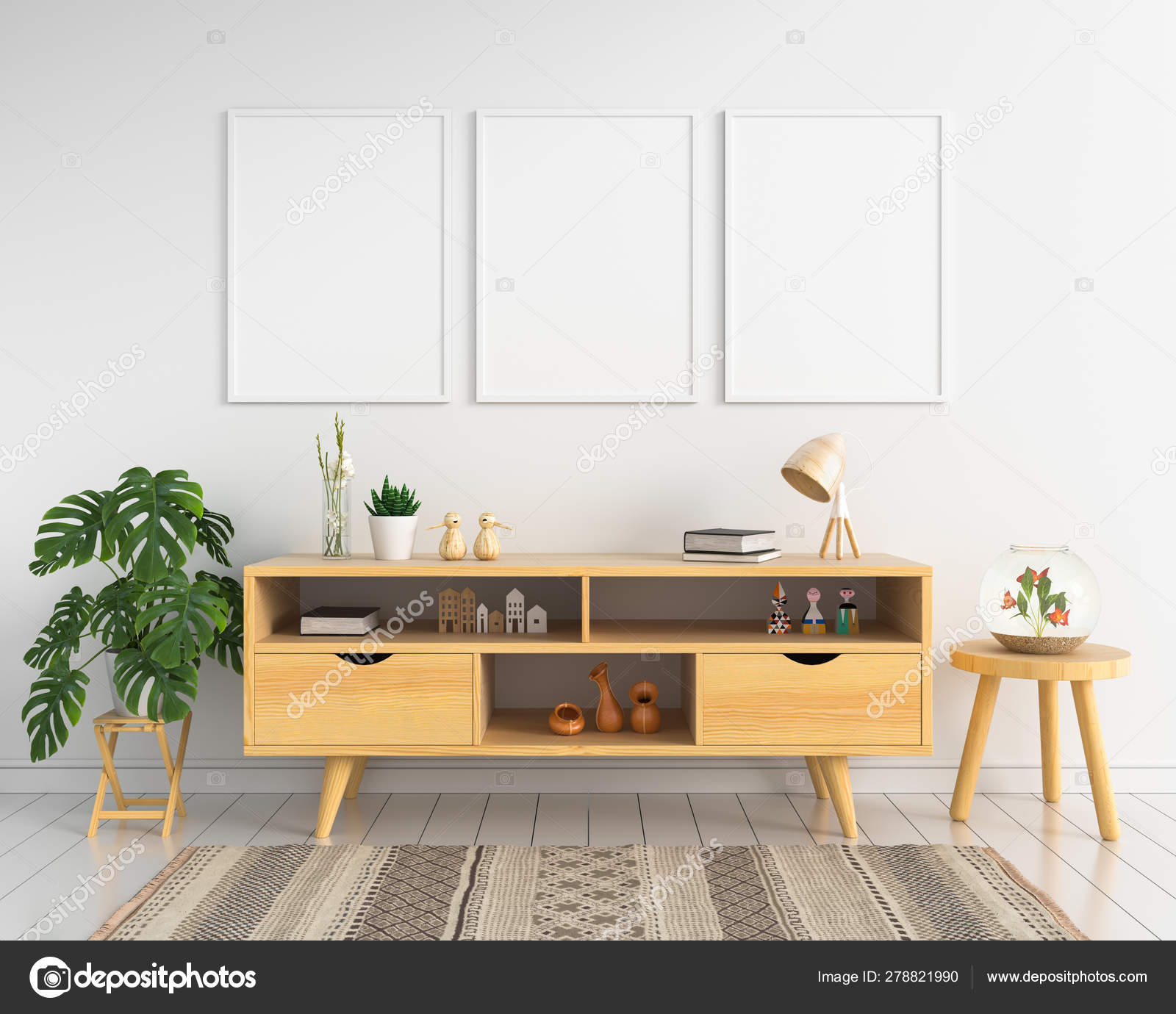 Three Blank Photo Frame Mockup Sideboard Living Room Rendering Stock Photo C Wuttichaijanglab 278821990
