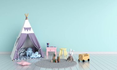 Teepee çocuk oda iç mockup, 3d render için