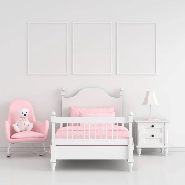 Three Empty Photo Frame Mockup White Child Bedroom Interior Rendering — Stock Photo, Image
